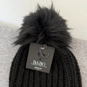 Babo Italy Hat Women's Black Knit Faux Fur Pom Beanie Warm One Size NWT